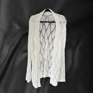 POL White Open Knit Long Cardigan Medium Hippie Beachy Lightweight Boho Vibe